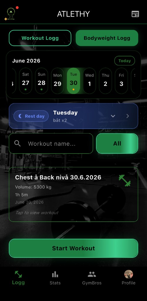 Atlethy app screenshot showing workout logging on iPhone
